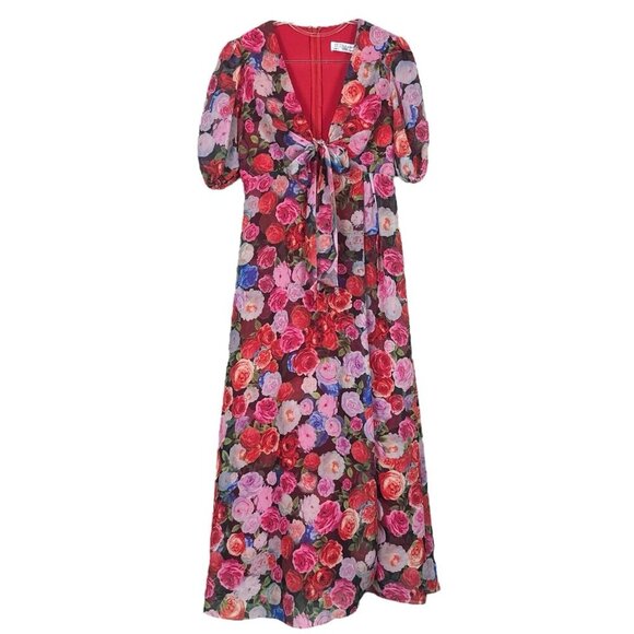 Ieena Mac Duggal Floral Puff Sleeve Tie Slit Romantic Midi Dress Pink Red Size 0 - Picture 3 of 15